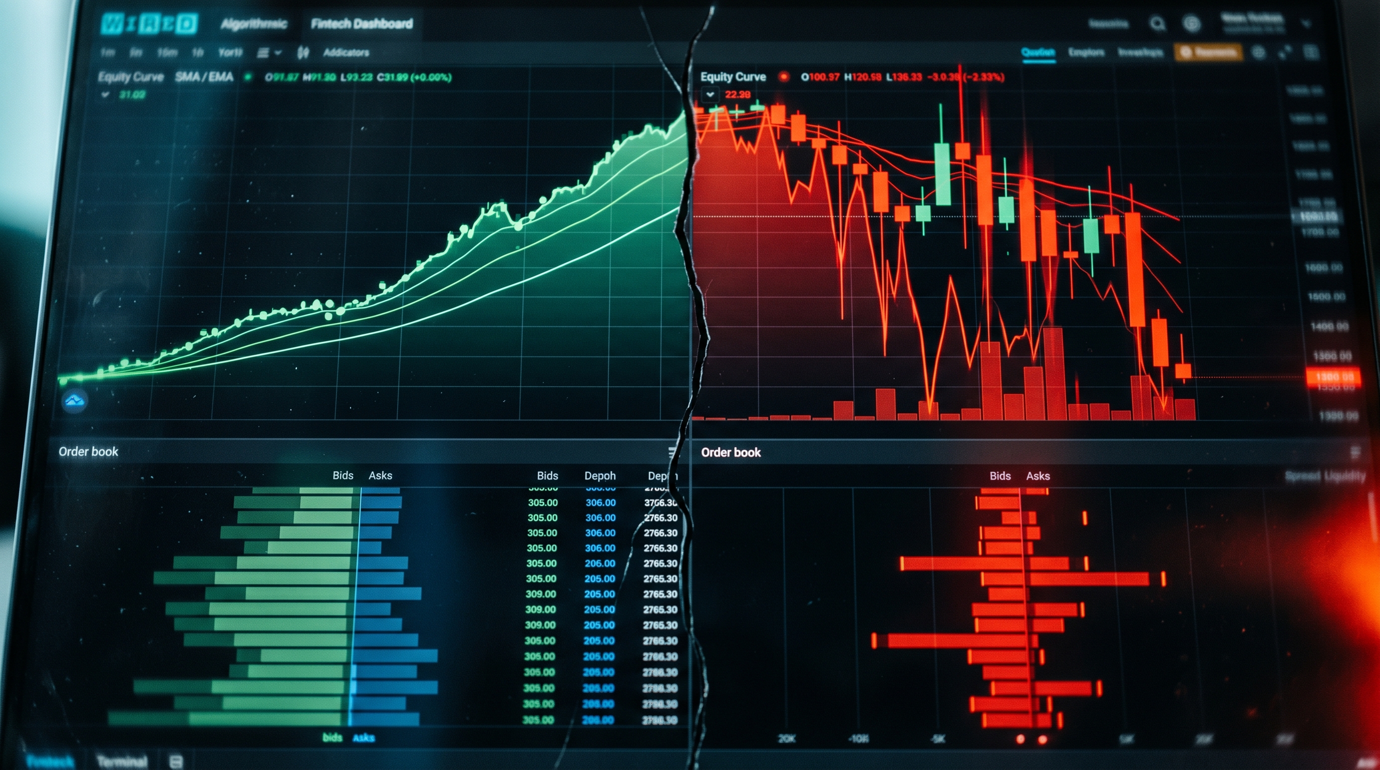 Editorial photo of a trading bot dashboard split down the middle: the left half calm with a steadily rising green equity curve, the right half a violent red liquidation cascade with order-book depth draining to nothing, dramatic blue and red lighting