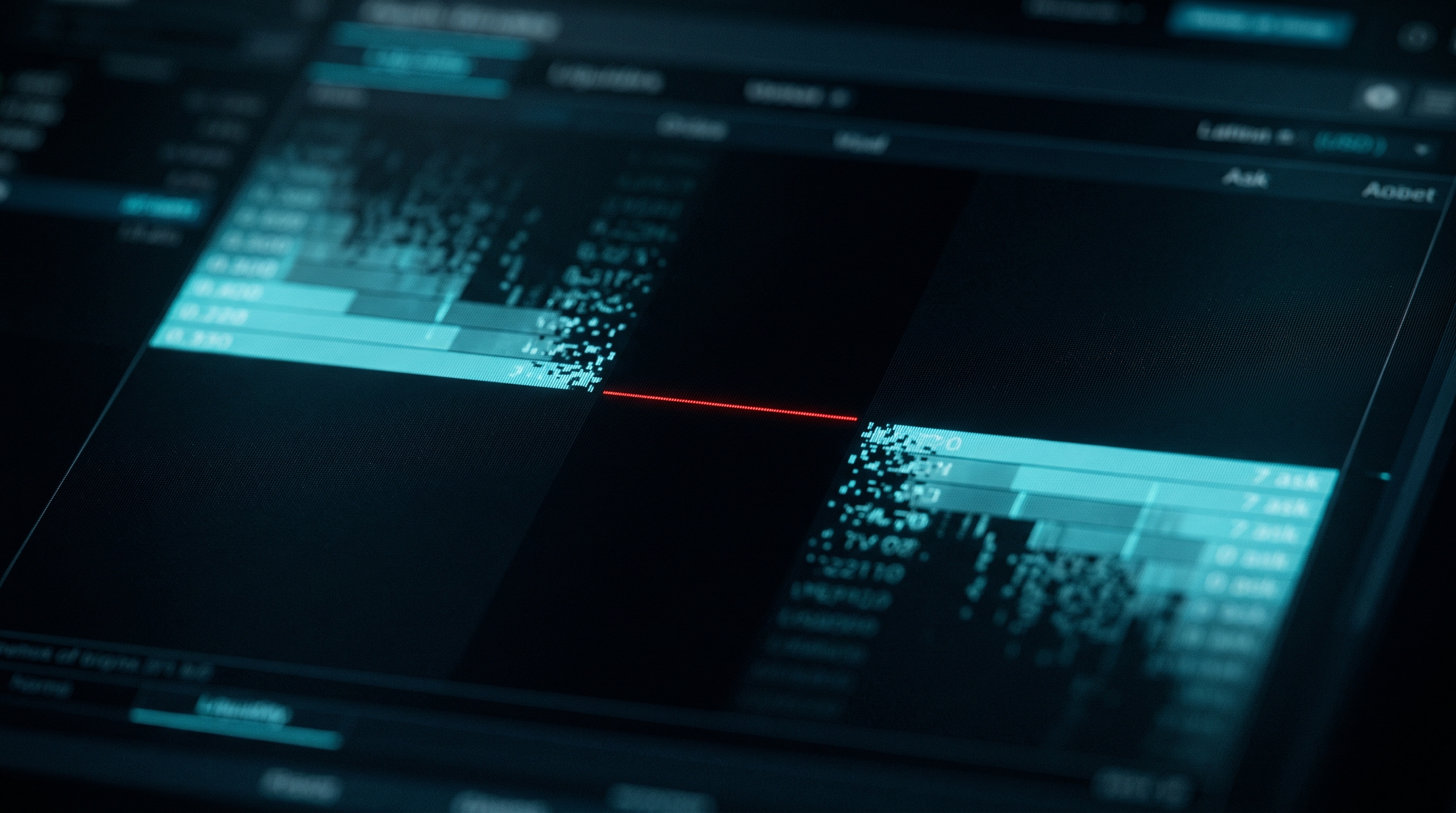 Macro photo of a depth-of-market order book on a dark trading terminal collapsing mid-crash, the stacked bid and ask ladders draining to almost nothing with a hollow gap where liquidity used to be