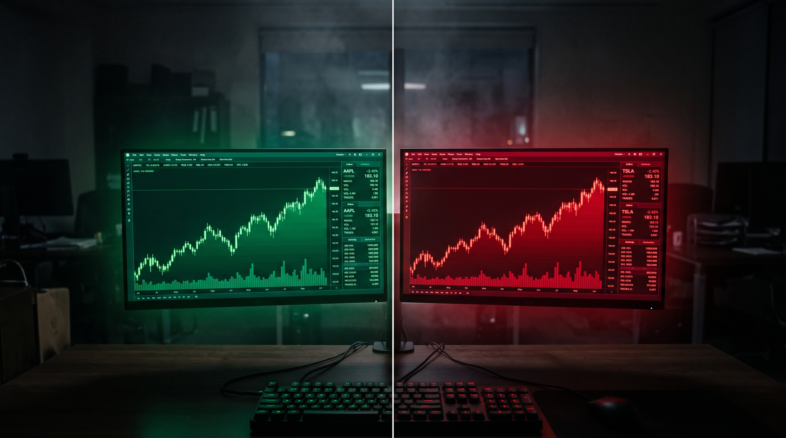 Two identical trading terminals side by side, one glowing green and one glowing red, showing the same chart shape
