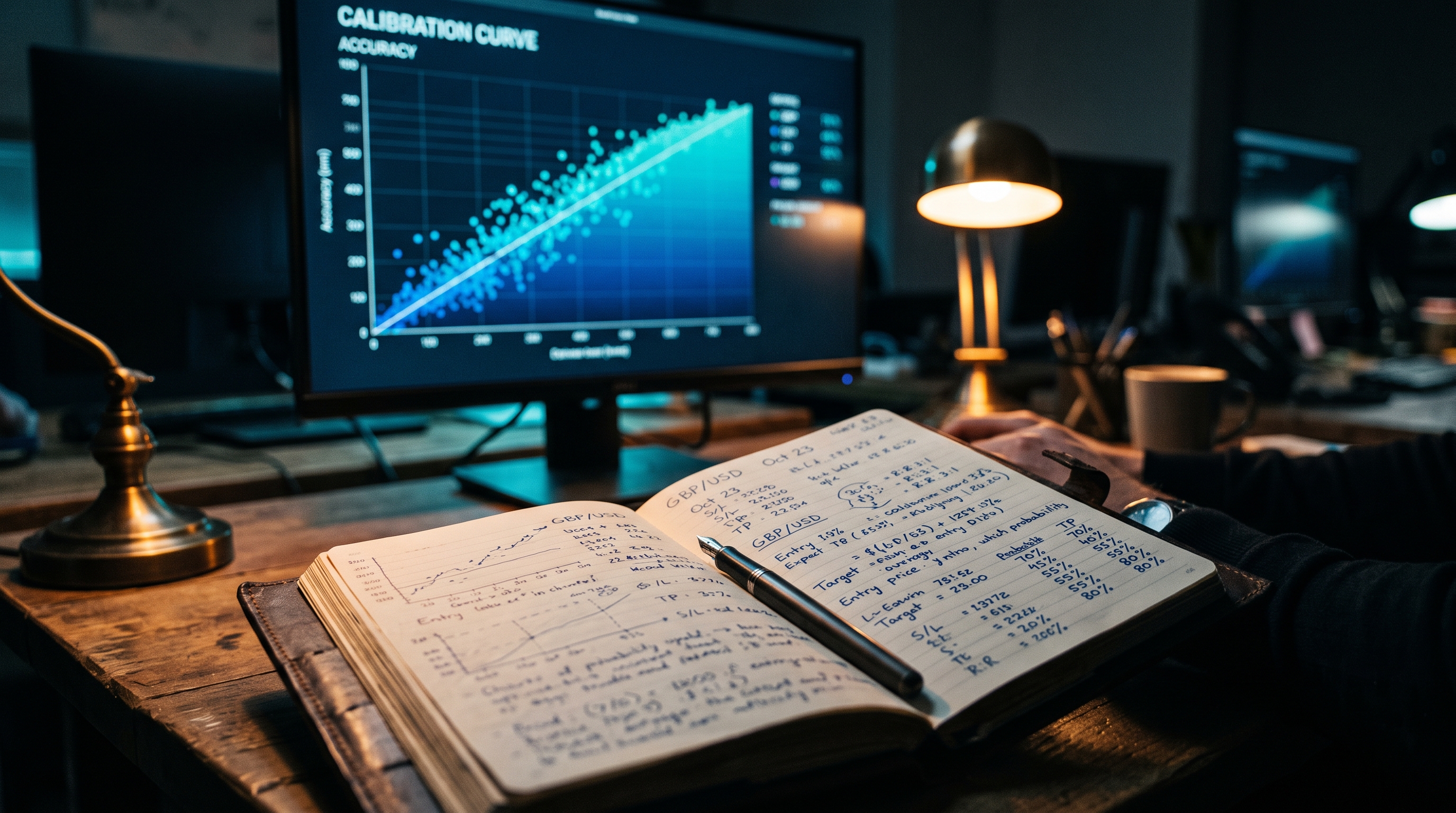 Trader's desk at night with an open journal of handwritten probability estimates beside a monitor displaying a calibration curve