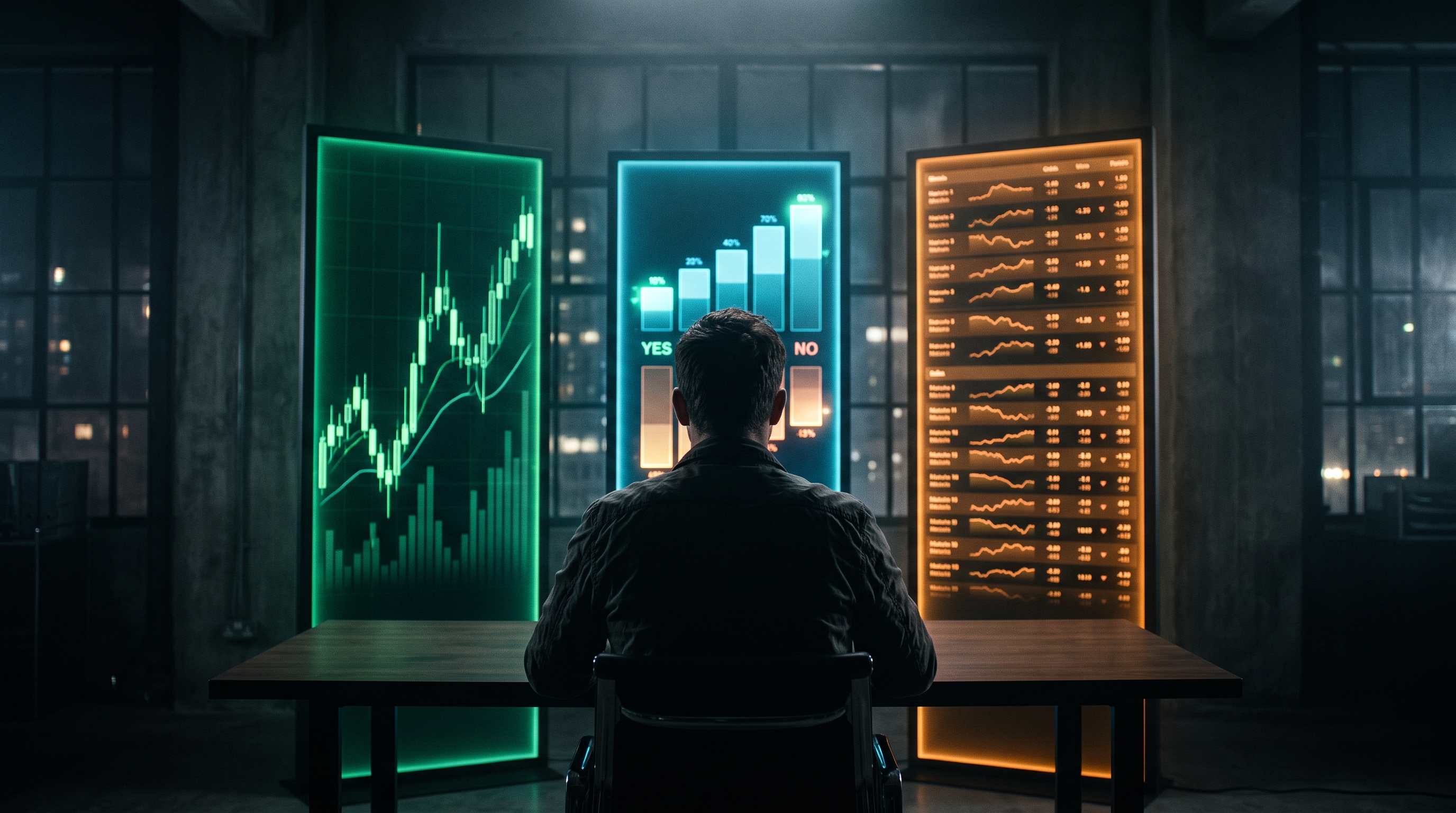 A trader facing three glowing doorways representing options, prediction markets, and sports betting as a choice between instruments