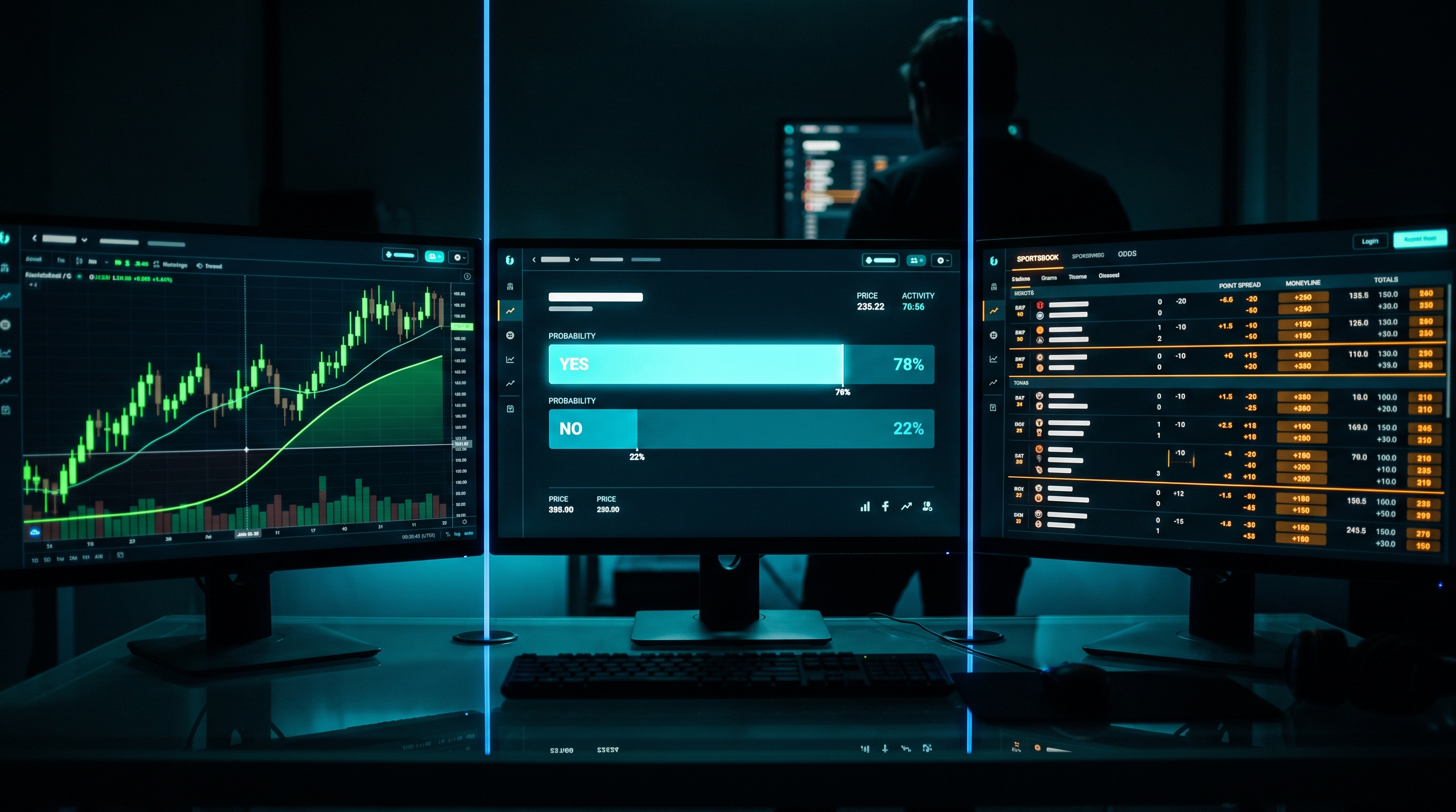 A three-panel split image showing an options price chart, a prediction market YES/NO ticker, and a sportsbook odds board side by side
