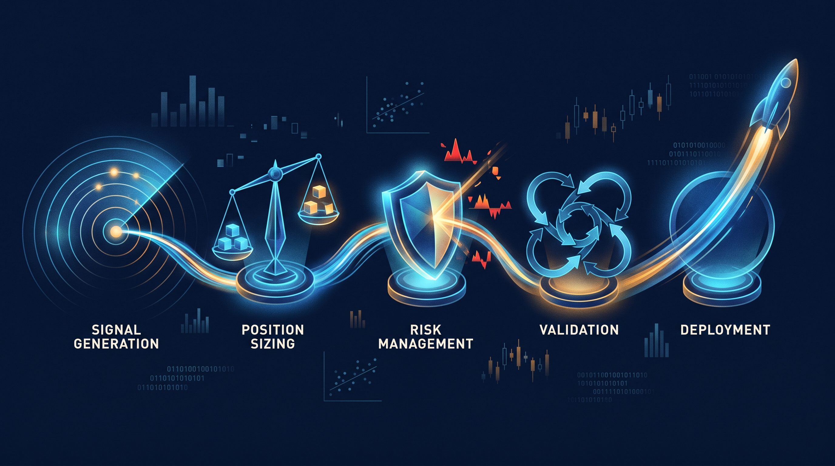 Editorial photo of an abstract strategy pipeline visualization with five connected nodes representing signal, sizing, risk, validation, and deployment, glowing in electric blue against a dark background