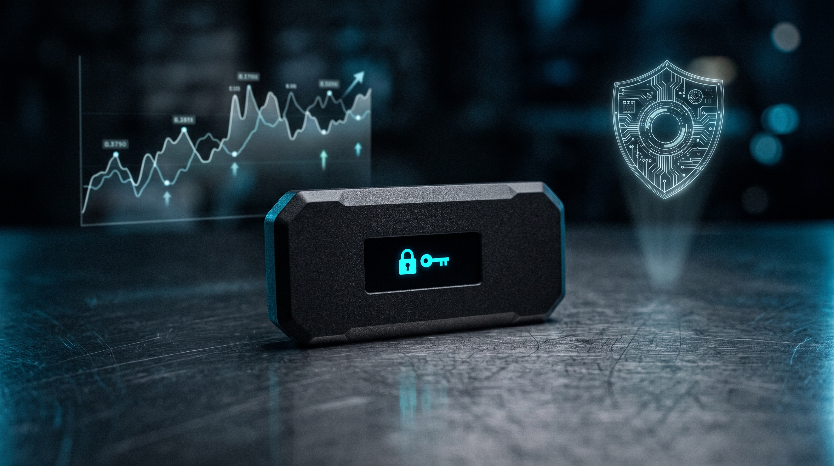 Unbranded hardware wallet showing a glowing lock-and-key icon beside prediction market charts and a security shield