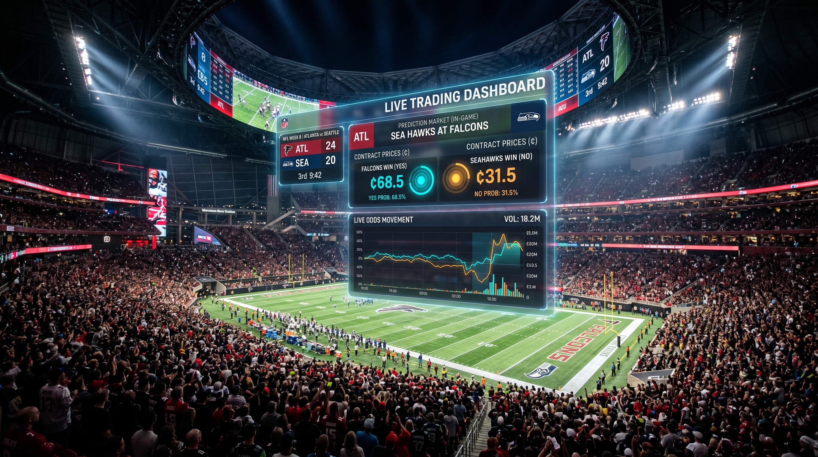 Live sports trading command center showing prediction market contracts alongside game data