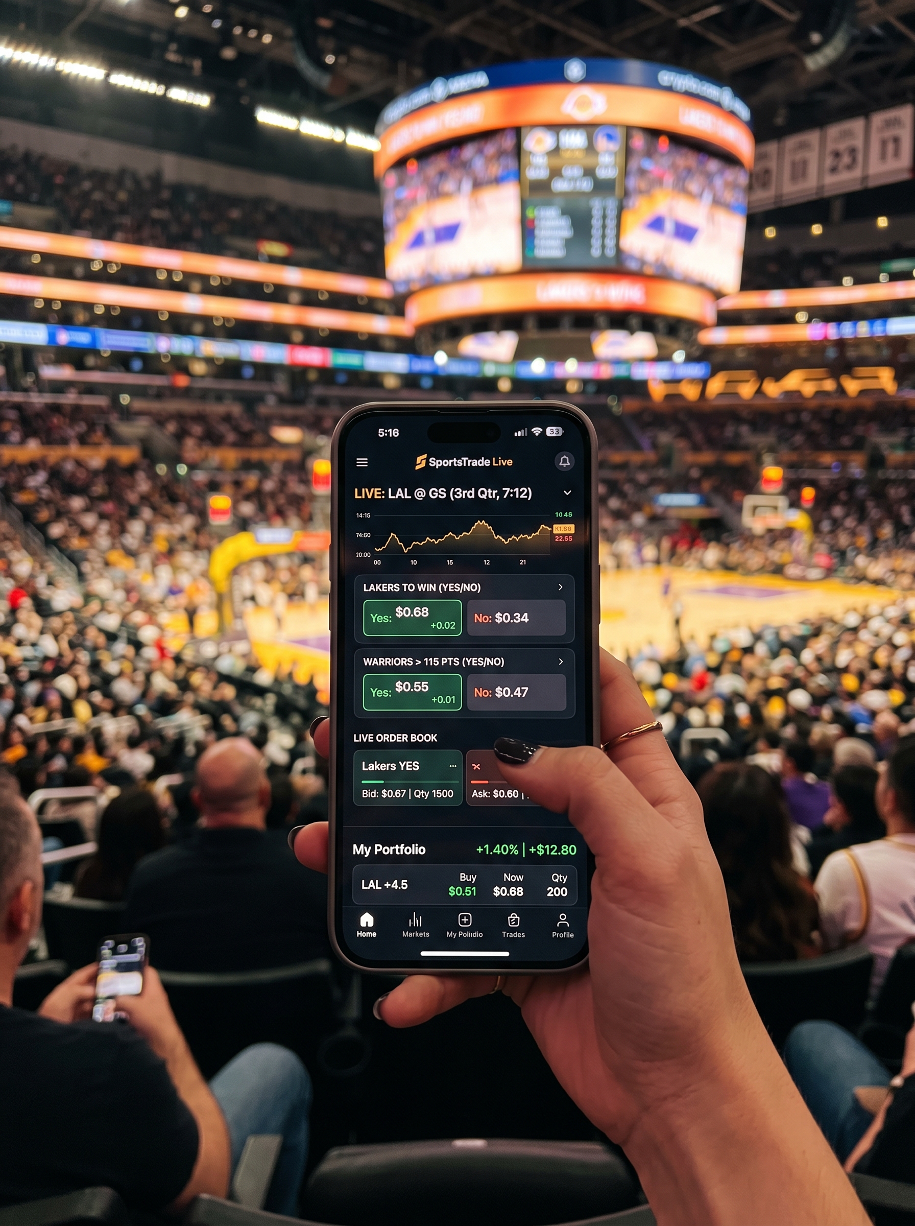 Smartphone displaying a sports prediction market trading app with live NBA contract prices