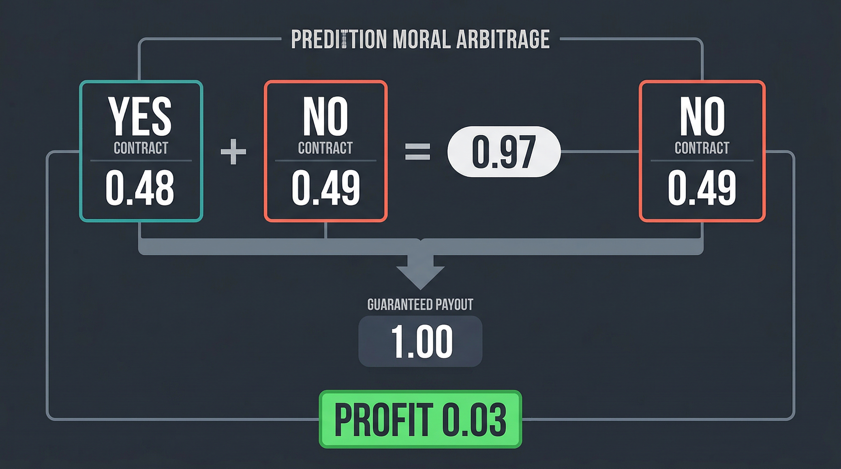 Infographic diagram showing prediction market structural arbitrage: YES at 48 cents plus NO at 49 cents equals 97 cents total cost before fees and execution risk