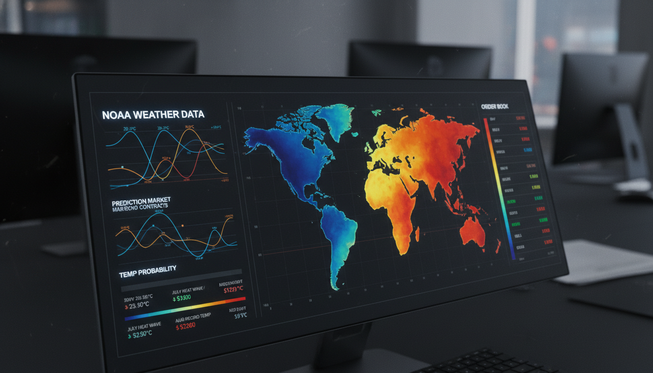 Weather forecast heat map with thermal gradients overlaid on a prediction market trading dashboard showing contract prices and probability curves