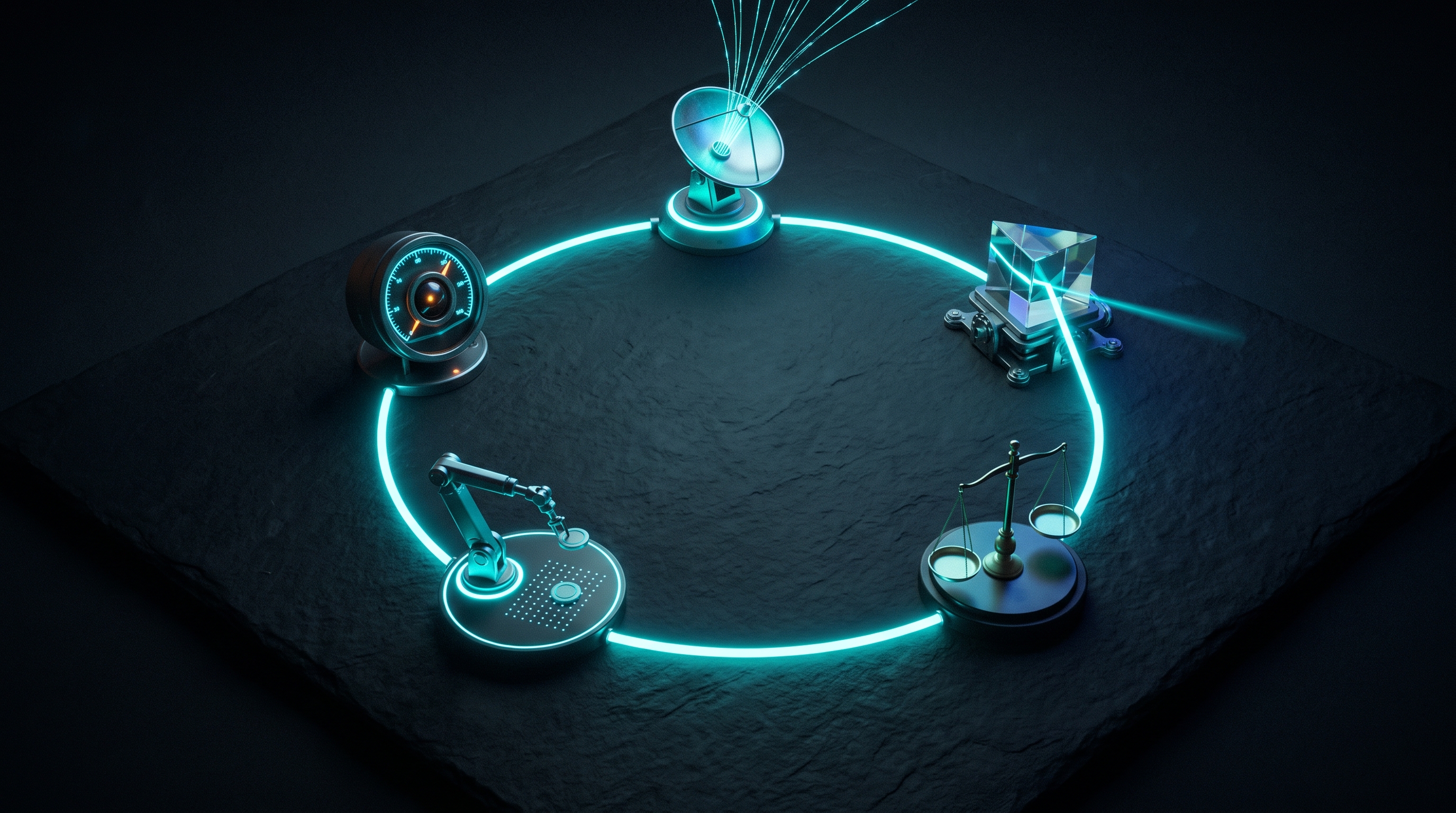 The bot loop as five glowing stations on a cyan ring: an antenna dish for market data, a prism for the signal, a balance scale for sizing and risk limits, a robotic arm for order execution, and a gauge for monitoring and exits