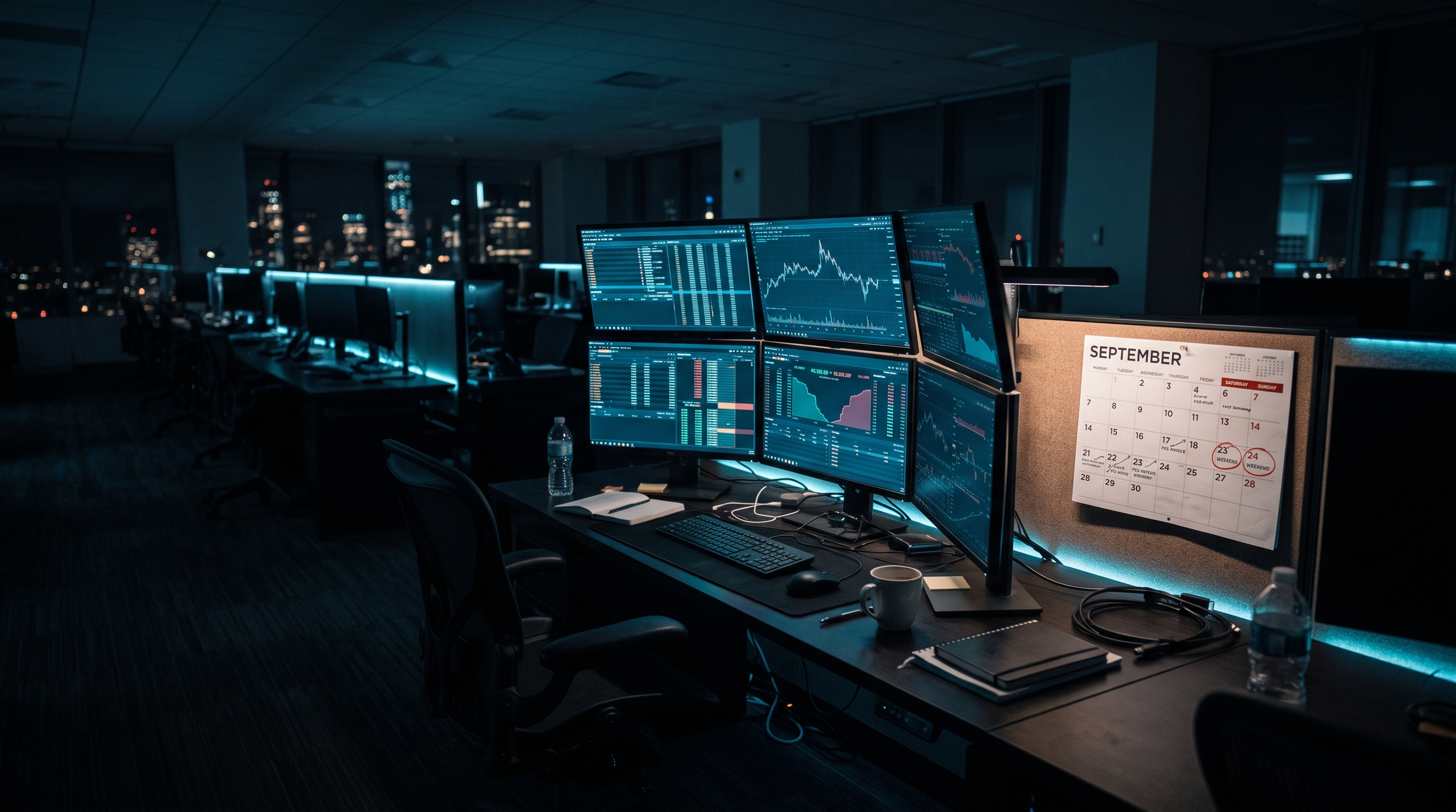Editorial photo of a dark trading terminal glowing beside a wall calendar, the order book fading to empty rows as a clock ticks past midnight into the weekend, moody blue and cyan lighting