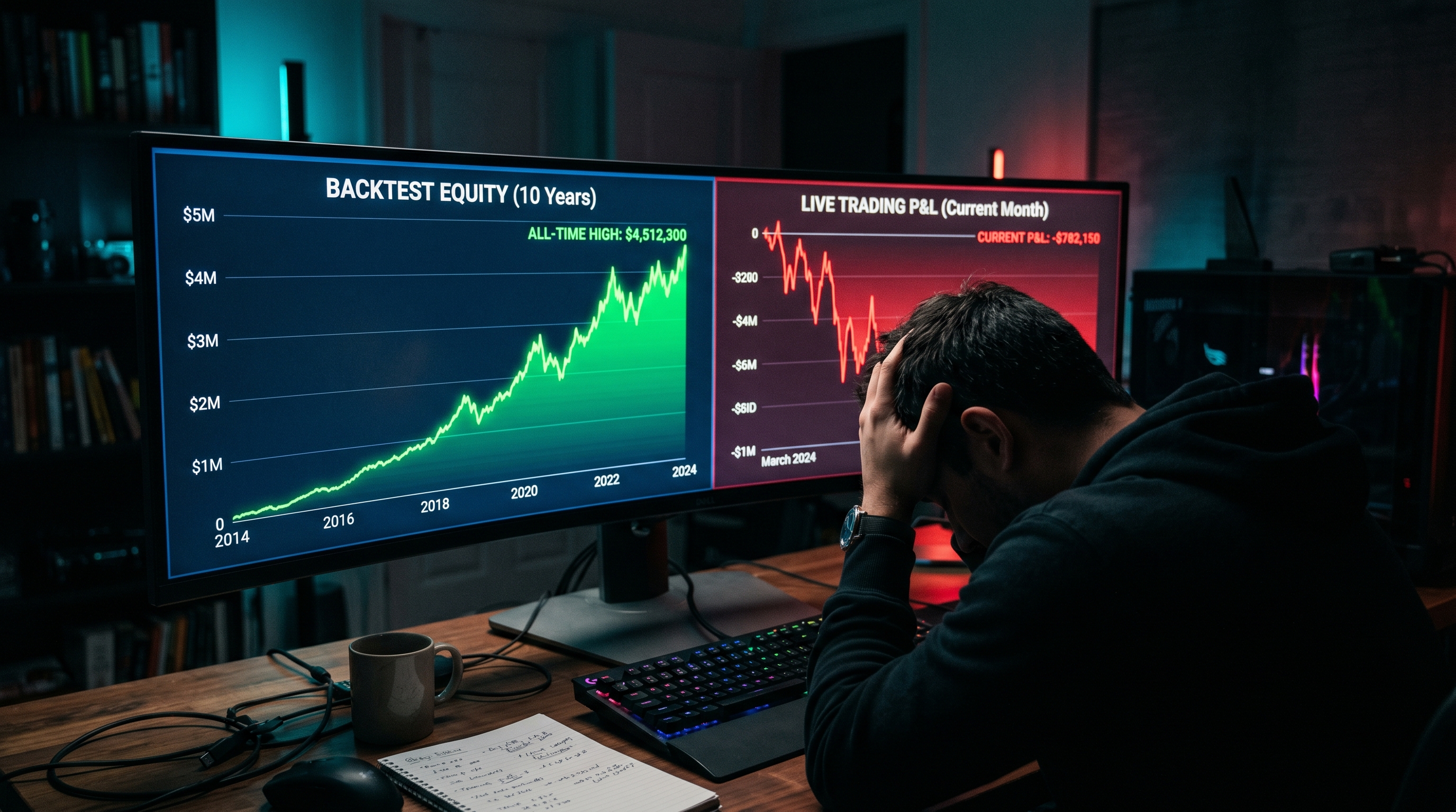 Editorial photo of a trader staring at a screen showing a backtest equity curve climbing diagonally on the left and a live trading PnL curve collapsing on the right, dark mood lighting