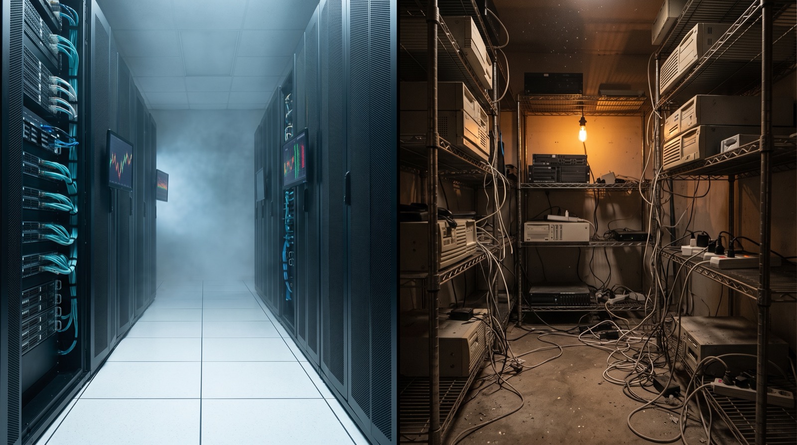 Split composition contrasting an audited, well-lit regulated exchange operation against a dim unlabeled offshore server room